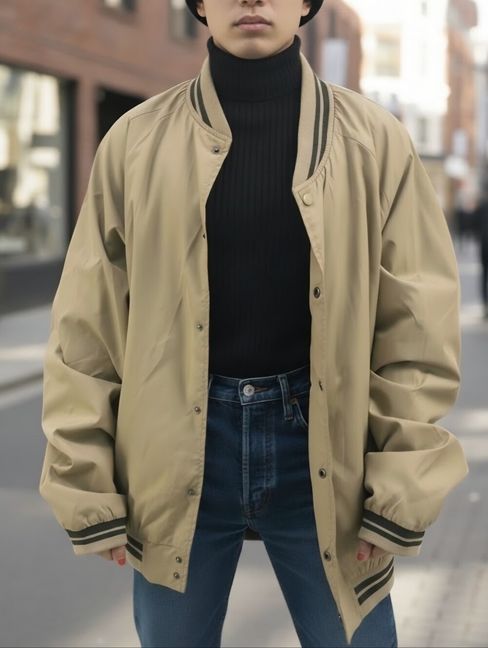 Duke Men's Beige Bomber Jacket with Contrast Stripe Trim Size M